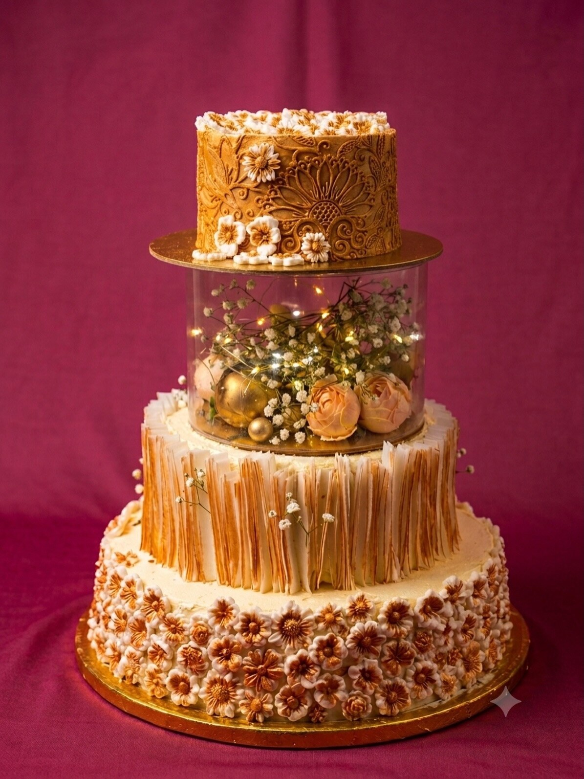 Two-tier gold celebration cake with fresh flowers